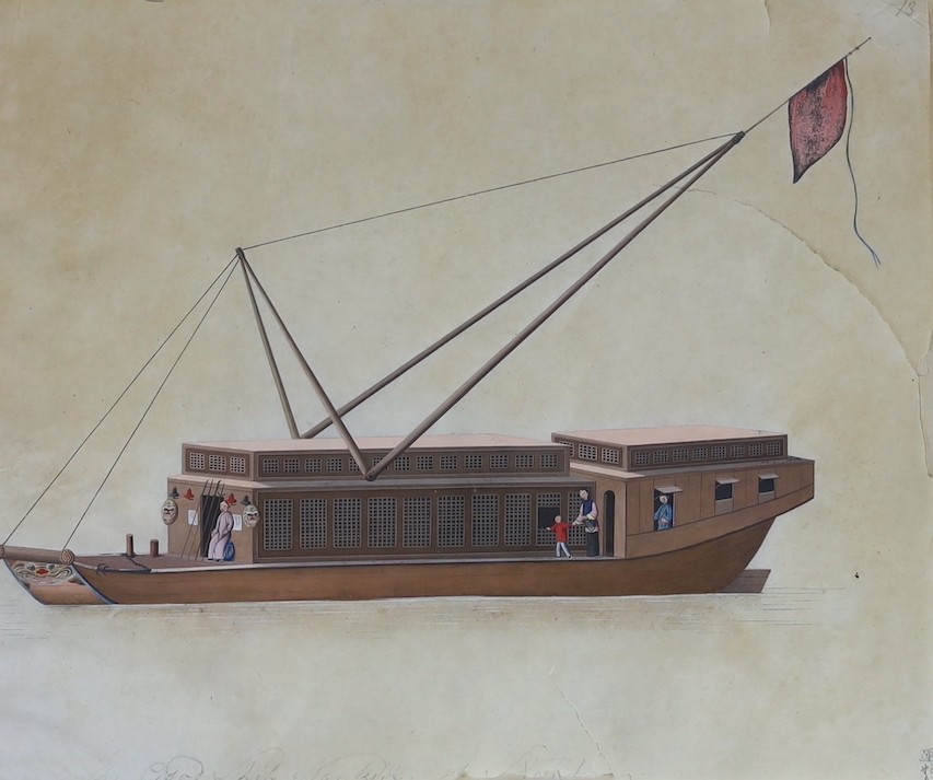 19th century Chinese School, nine gouaches on pith paper, Studies of water-going vessels, inscribed in Chinese and titled in English, giving the names and uses of the various vessels, 29 x 34cm